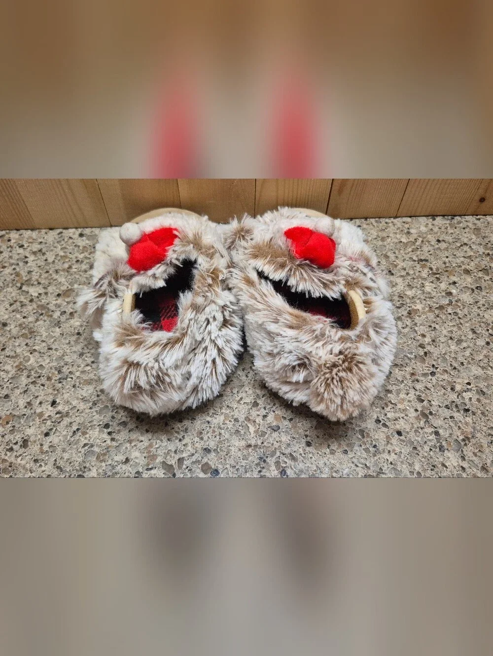 ​Dearfoams Lil Bear Toddler Slippers Size 5-6 Santa Hat Faux Fur Plaid Christmas
